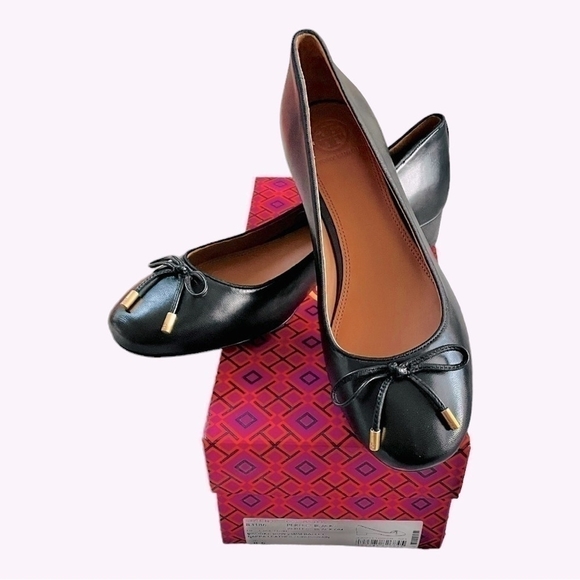 TORY BURCH Brooke Bow 25MM Black Nappa Leather Ballet Heels Size 5.5 - Picture 2 of 8